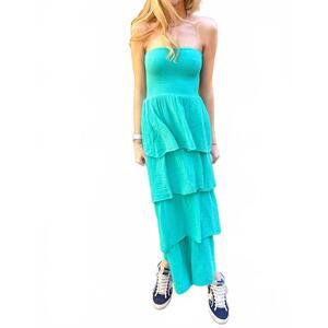 NEW FELICITE strapless gauze tier maxi dress in bermuda